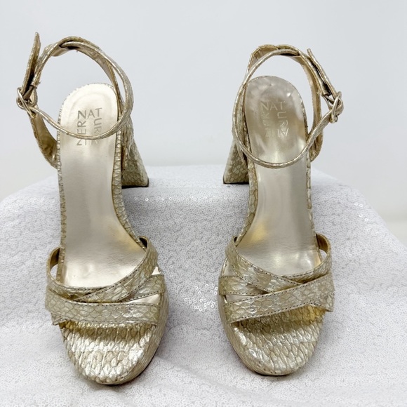 Naturalizer women’s gold snake Mallory ankle strap sandals/ heels size 8.5 wide - Picture 3 of 16